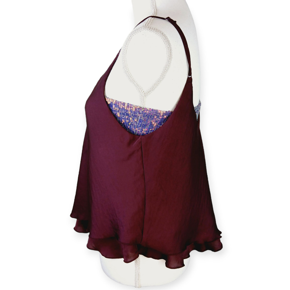 Free People SZ M Turn It On Cami Merlot Sequin Embellished Inset OB1064843 - Picture 5 of 8